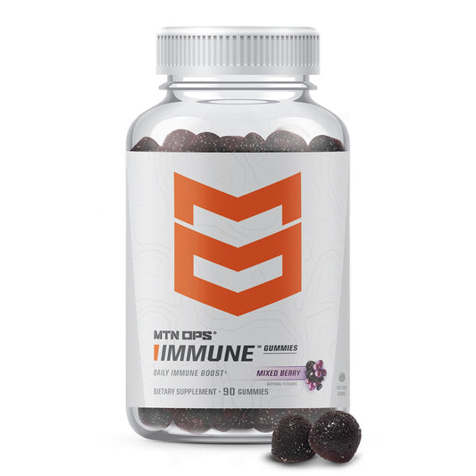 MTN OPS Immune Gummies bottle for convenient daily immune support in mixed berry flavor.