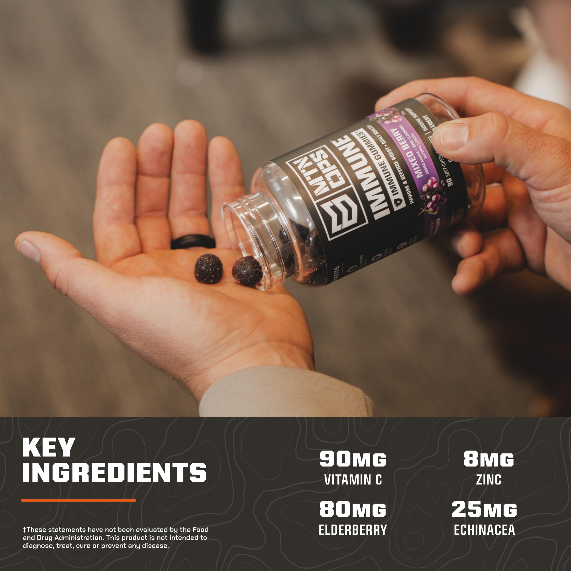 MTN OPS Immune Gummies with elderberry focus suggests natural ingredient blend.