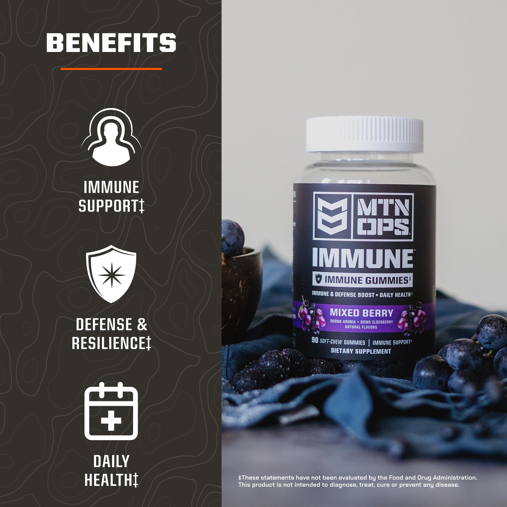 MTN OPS Immune Gummies label closeup reveals elderberry and vitamin content.