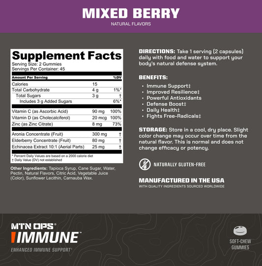 MTN OPS Immune Gummies pour scene highlights easy, on-the-go dosage.