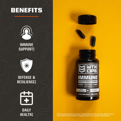 MTN OPS Immune ingredients panel highlights vitamin C, zinc, elderberry and echinacea.