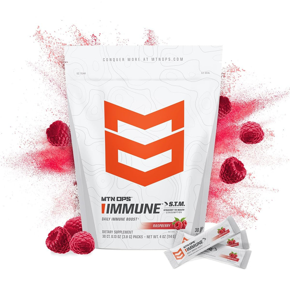 MTN OPS Immune STM sachet pack showing portable, travel-ready immune support.