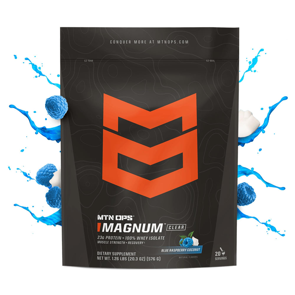 Magnum Clear Whey shake in glass highlights blue raspberry coconut flavor.