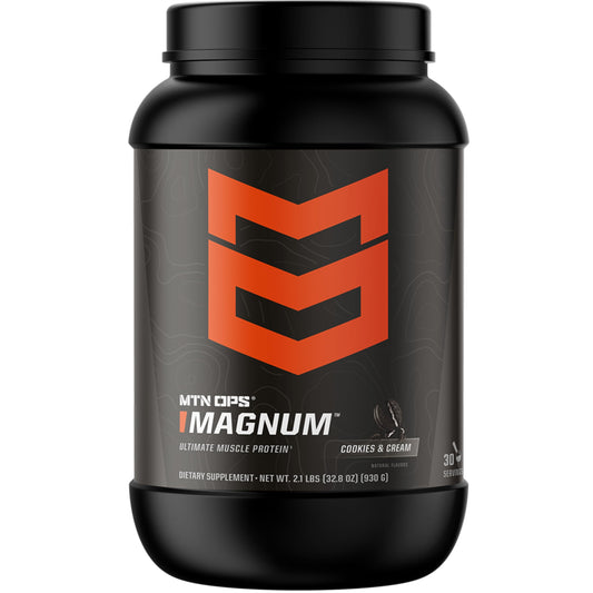 MTN OPS Magnum Cookies & Cream tub front showing premium protein blend for recovery