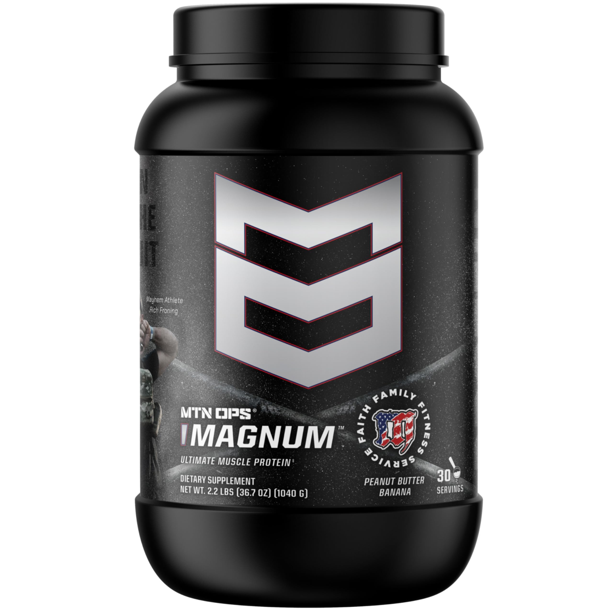 MTN OPS Magnum peanut butter banana powder bottle ready for post-workout fueling.
