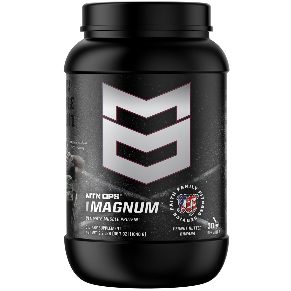 MTN OPS Magnum peanut butter banana powder bottle ready for post-workout fueling.