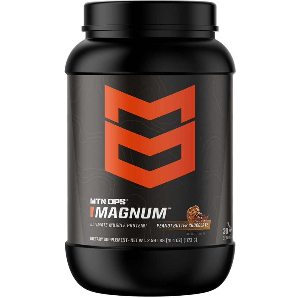 MTN OPS Magnum peanut butter chocolate protein powder tub for post-workout recovery.
