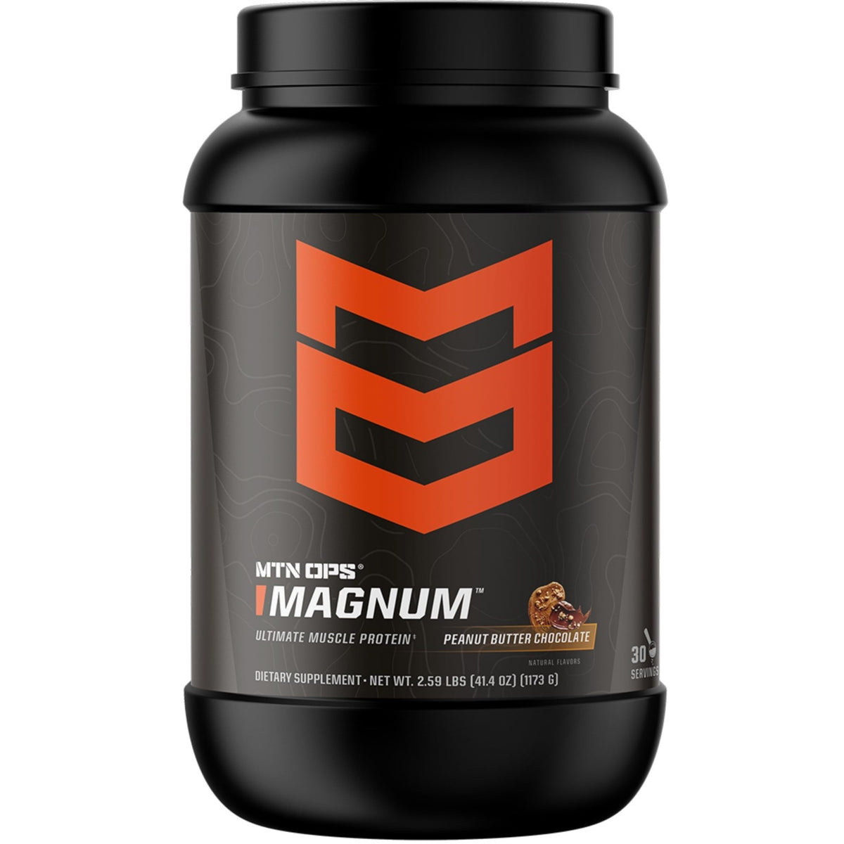 MTN OPS Magnum peanut butter chocolate protein powder tub for post-workout recovery.