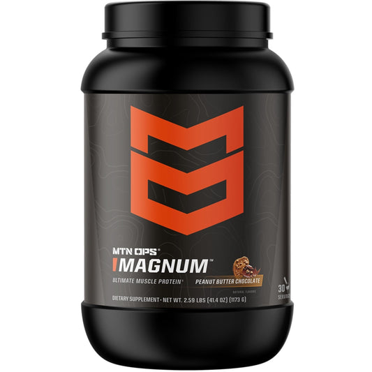 MTN OPS Magnum peanut butter chocolate protein powder tub for post-workout recovery.