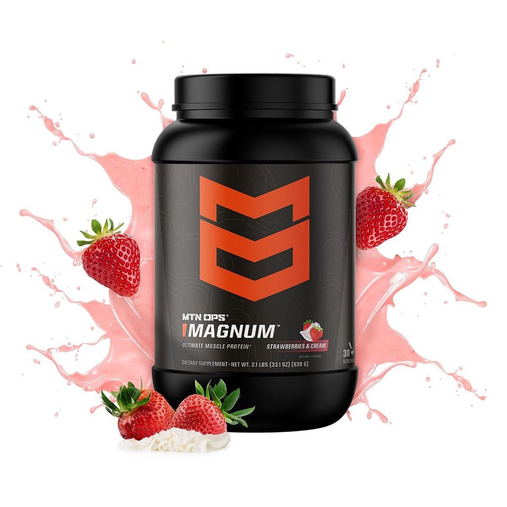 MTN OPS Magnum Strawberries & Cream shake poured into a glass after workout