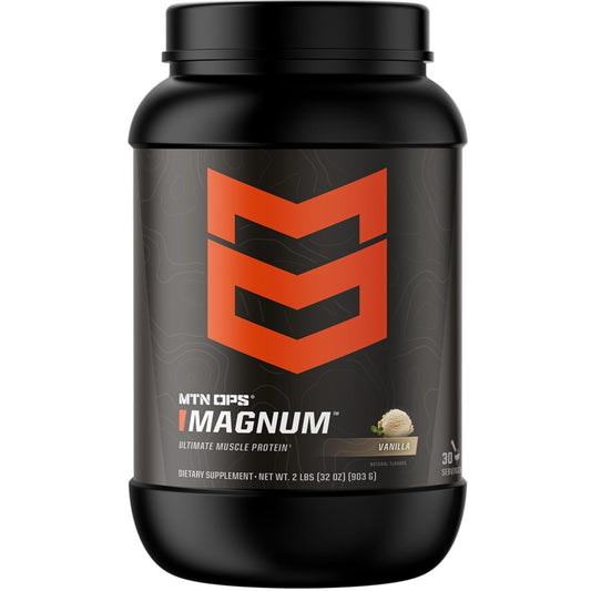 MTN OPS Magnum Vanilla tub shown for post-workout protein blend for lean recovery
