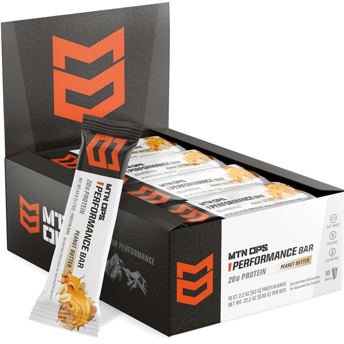 MTN OPS Protein Bars Peanut Butter Bliss packaging highlights gluten-free, high-protein snack