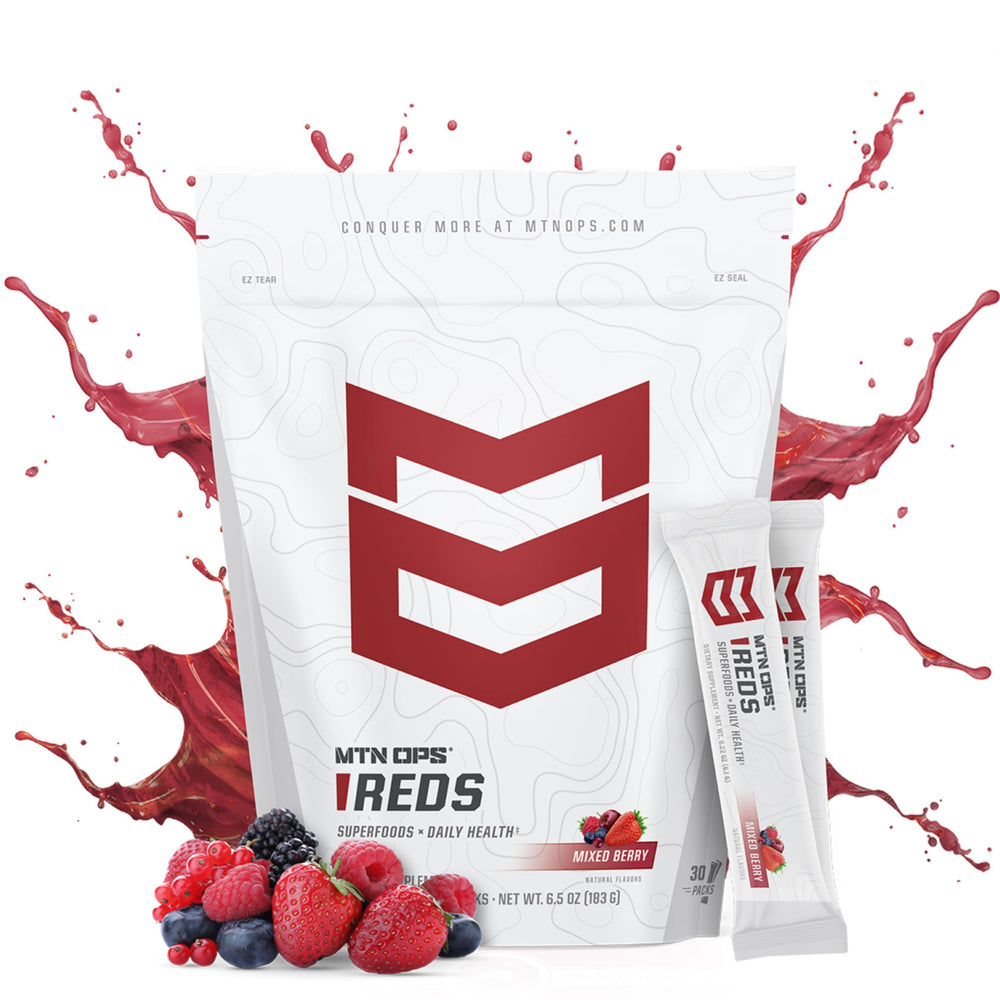MTN OPS Reds powder dissolving in water for a smooth, refreshing drink