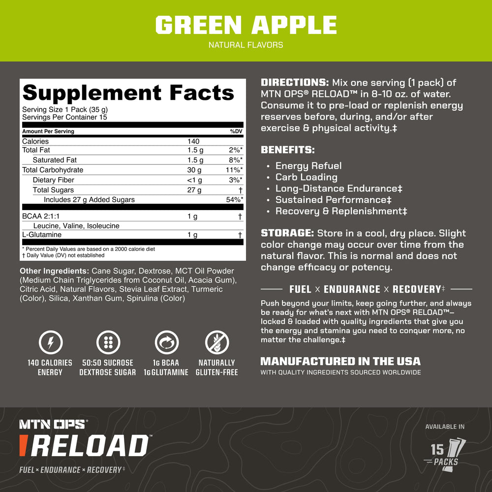 MTN OPS Reload green apple flavor to support sustained energy between efforts.
