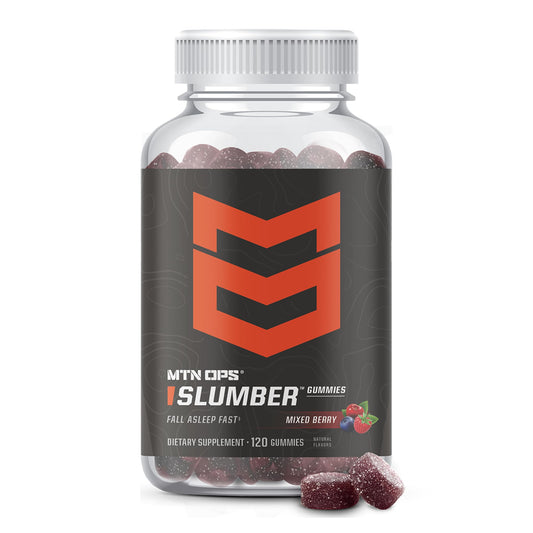MTN OPS Slumber Gummies bottle with gluten-free label supports nightly rest.