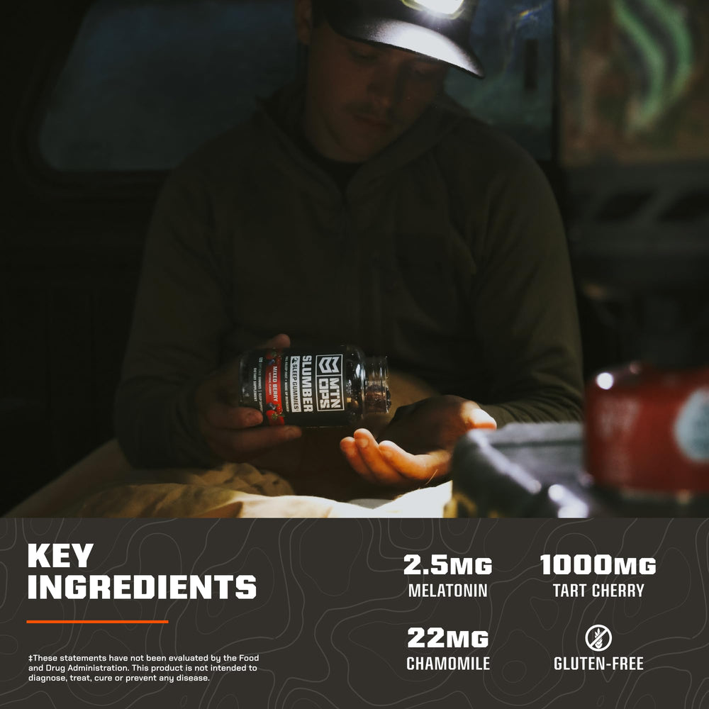 MTN OPS Slumber Gummies tart cherry and chamomile ingredients promote natural relaxation.