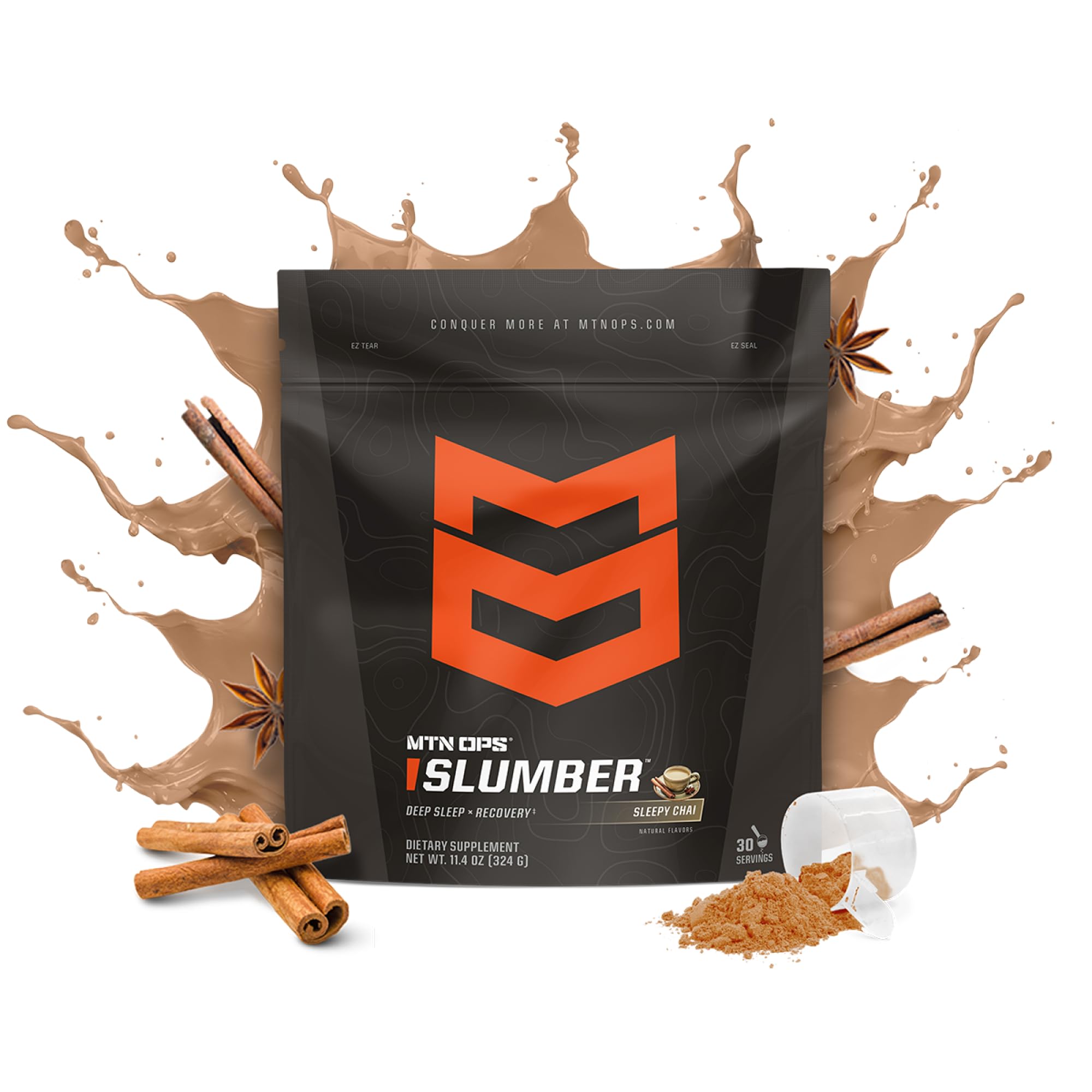 MTN OPS Slumber powder scoop beside a warm cup for a cozy bedtime ritual.