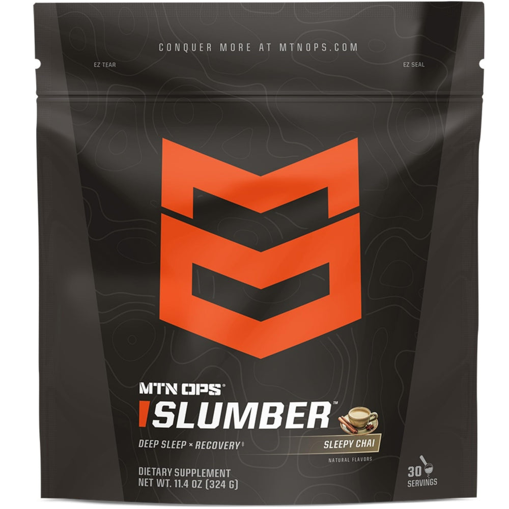 MTN OPS Slumber sleep aid bottle on a nightstand for a restful nightly ritual.