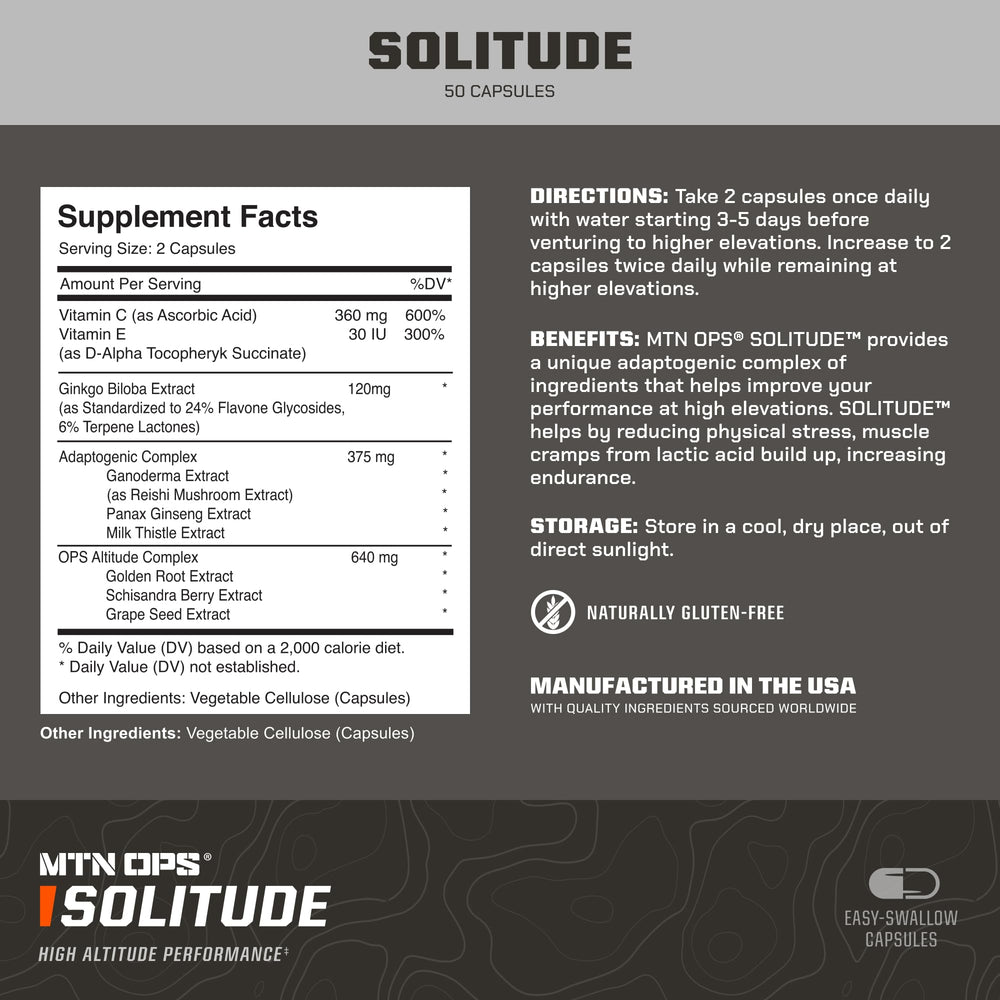 MTN OPS Solitude bottle back label detailing ingredients and usage for altitude users.
