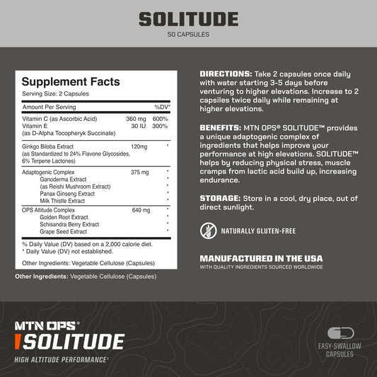MTN OPS Solitude bottle back label detailing ingredients and usage for altitude users.
