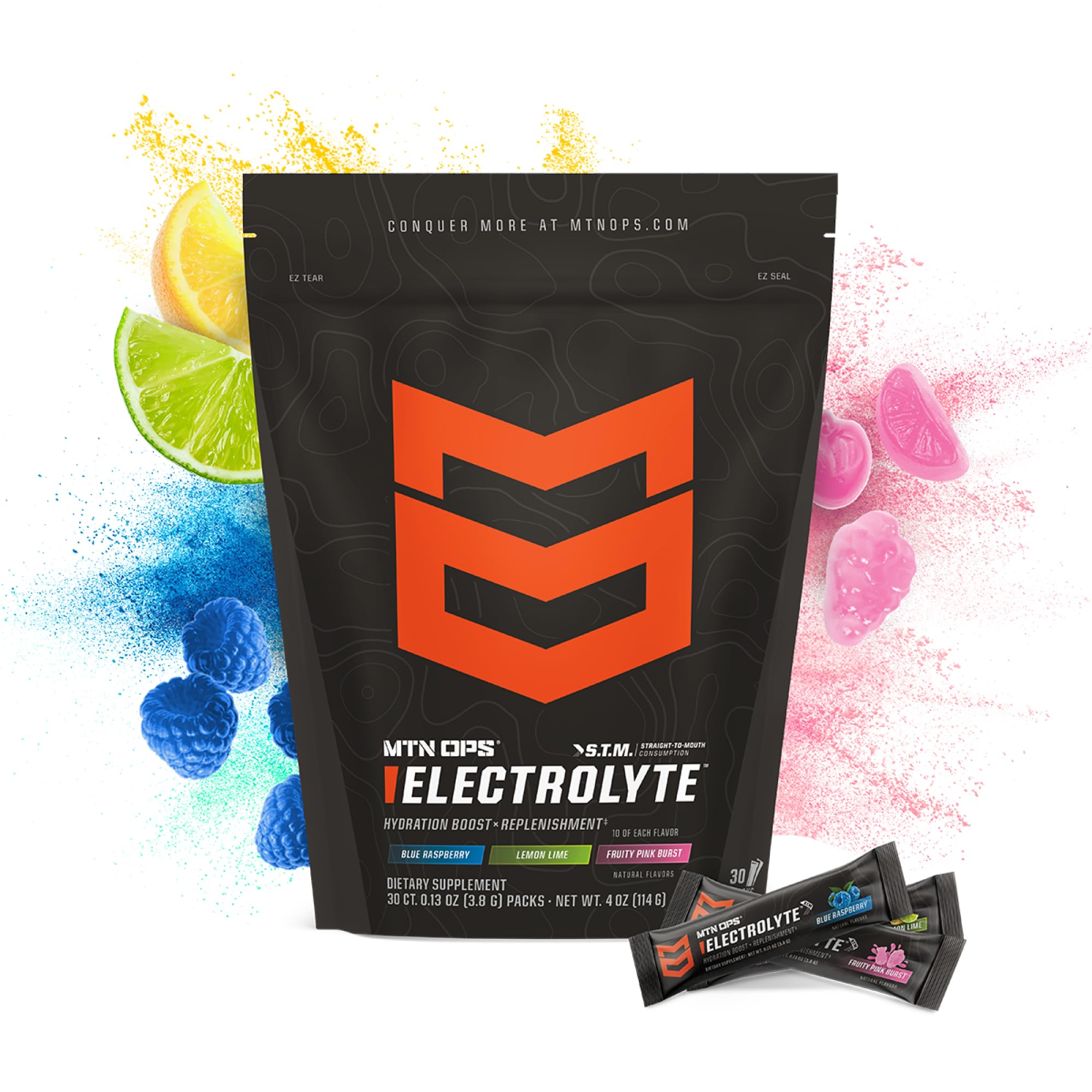 MTN OPS STM straight-to-mouth packets provide quick, mess-free hydration.
