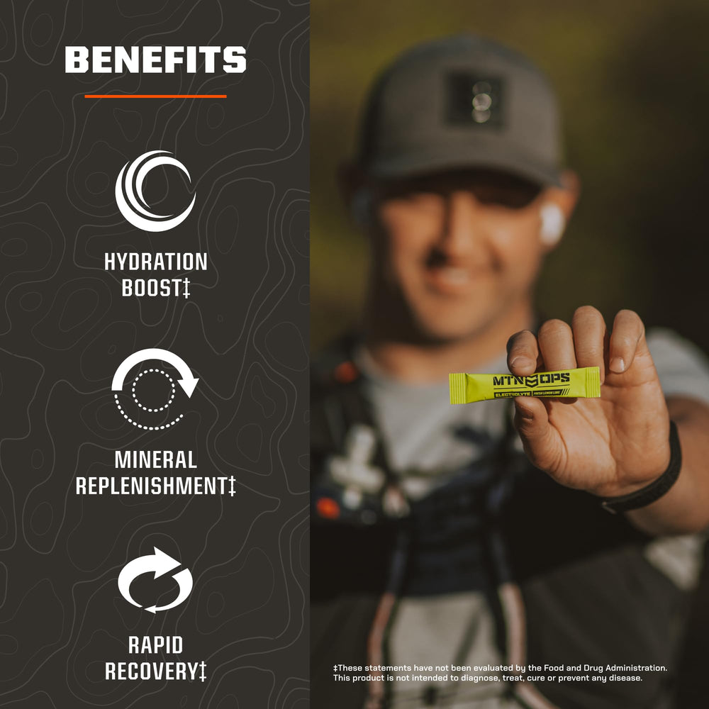 MTN OPS sugar-free electrolyte packets support keto-friendly hydration during workouts.