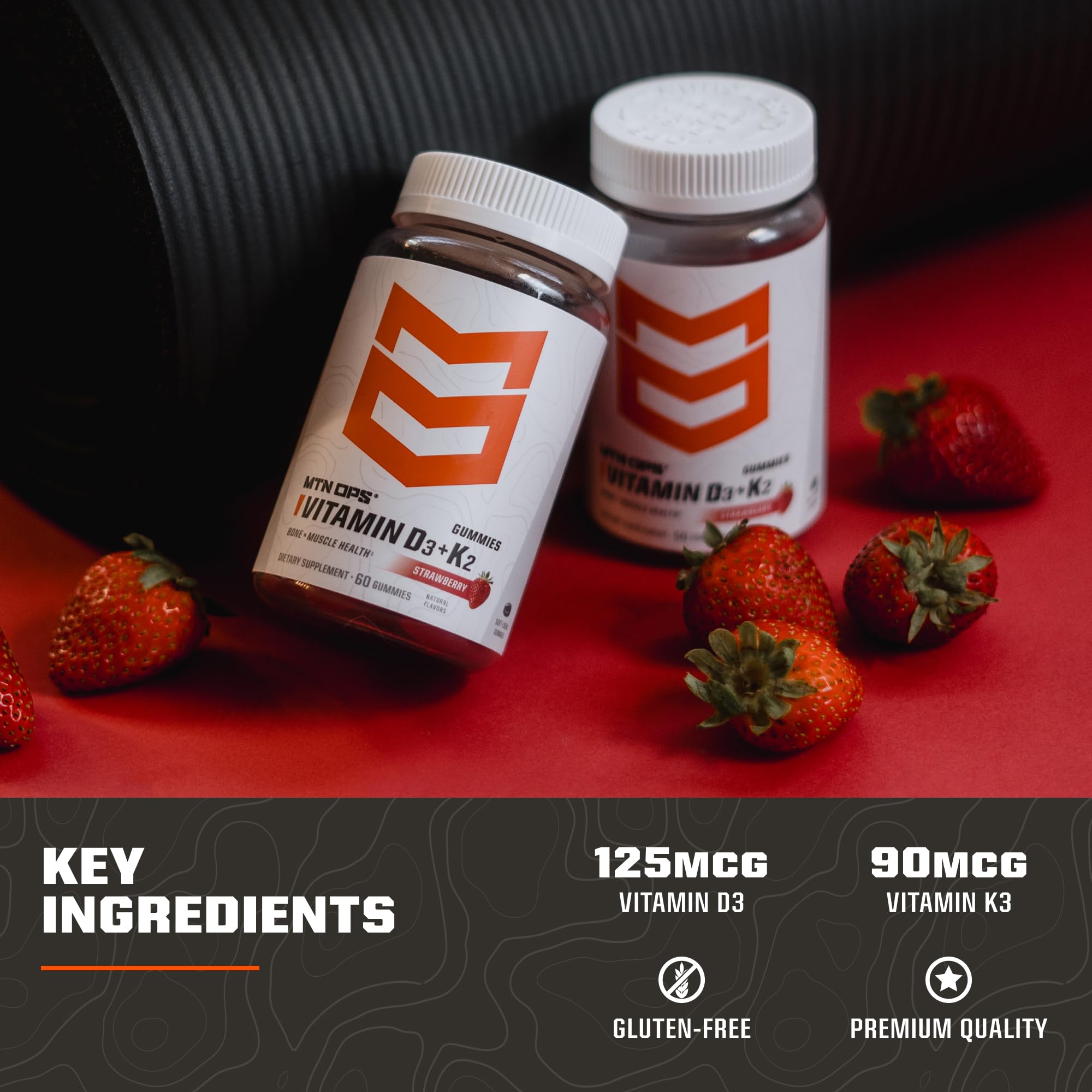MTN OPS Vitamin D3 K2 Gummies daily-dose close reveals convenient, gluten-free wellness support.