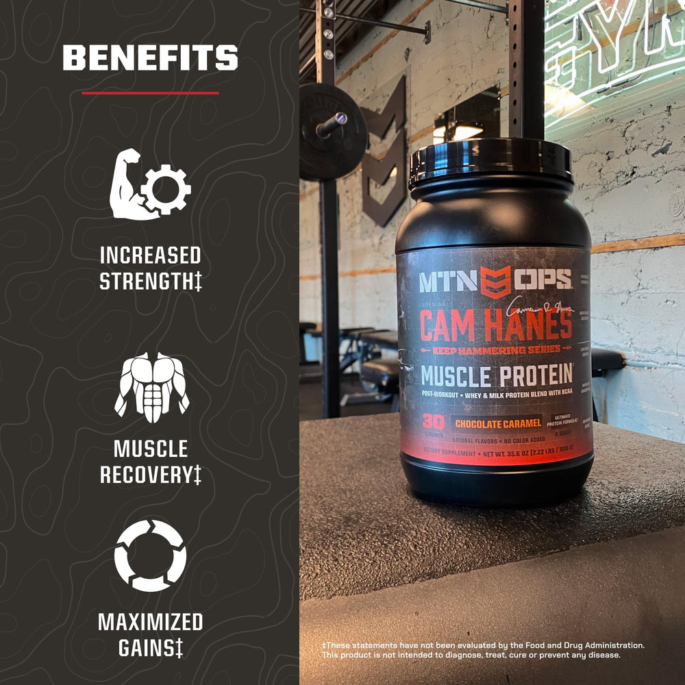 MTN OPS powder on a scoop demonstrates a smooth, gluten-free protein blend.