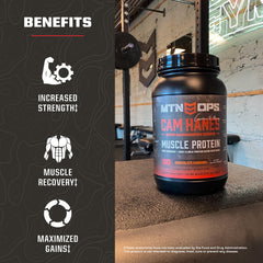 MTN OPS powder on a scoop demonstrates a smooth, gluten-free protein blend.