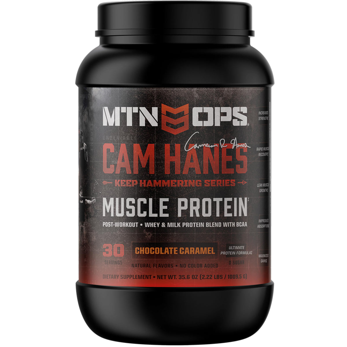 MTN OPS Whey Protein Cameron Hanes scoop supports quick post-workout fueling.