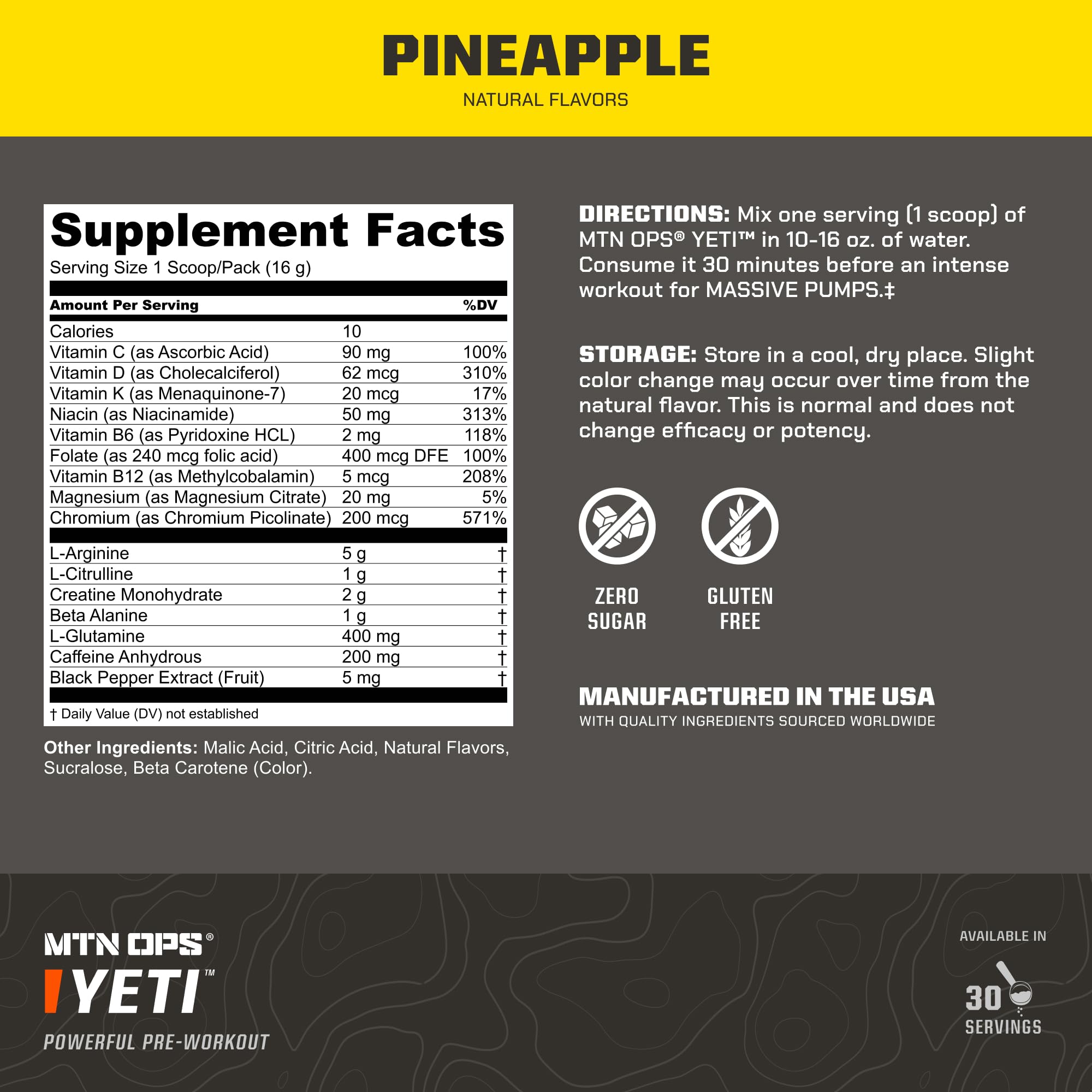 MTN OPS Yeti pre-workout label design close-up showcases clean ingredients and branding.