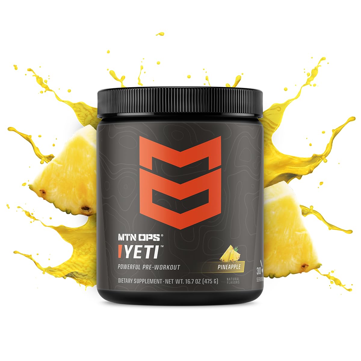 MTN OPS Yeti pineapple-crush powder in tub highlights vibrant flavor for a refreshing workout boost.