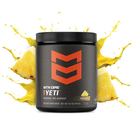 MTN OPS Yeti pineapple-crush powder in tub highlights vibrant flavor for a refreshing workout boost.