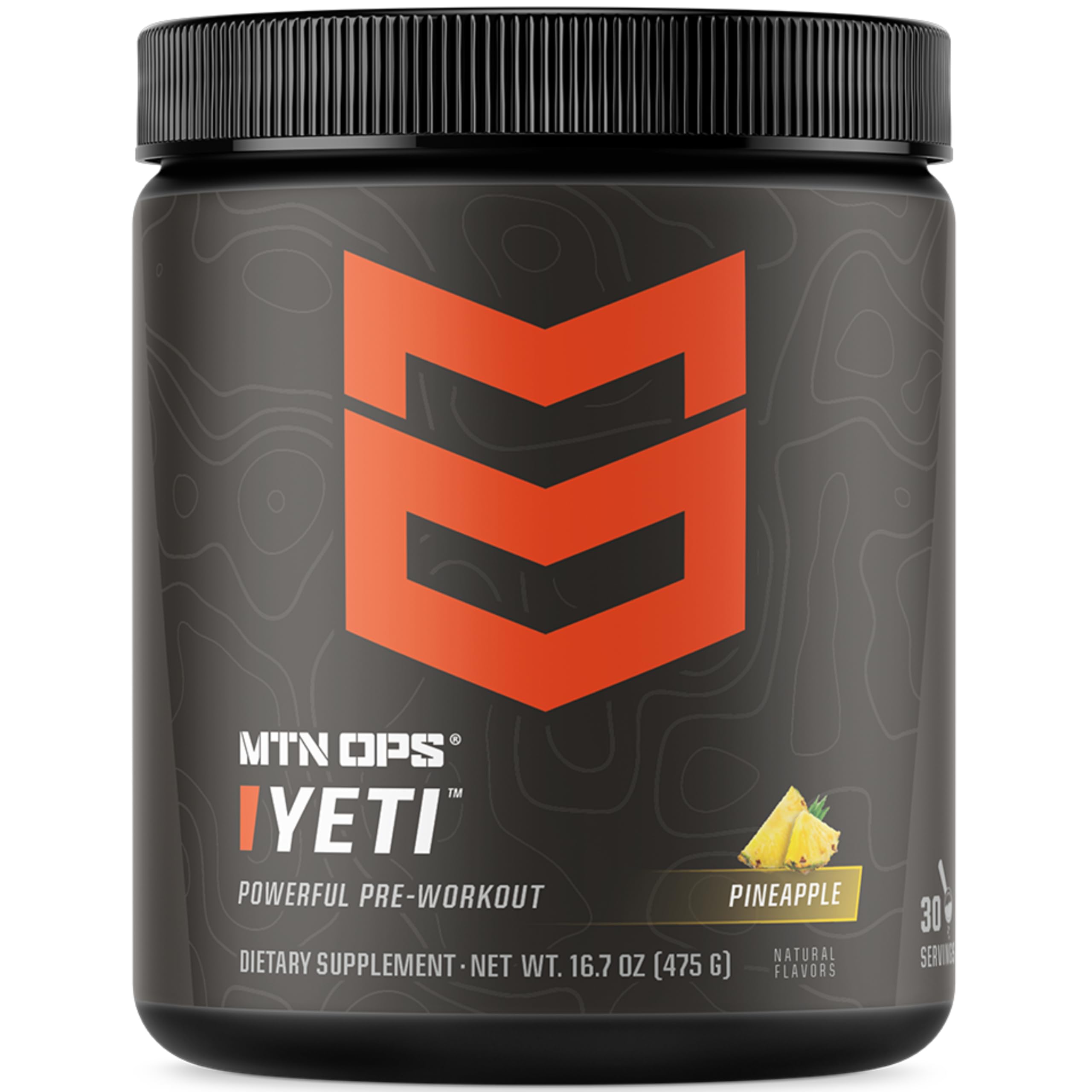 MTN OPS Yeti pre-workout pineapple crush tub with bold label for clean energy.