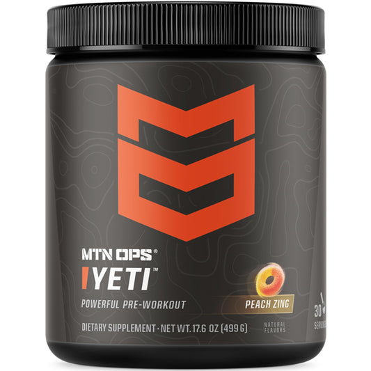 MTN OPS Yeti pre-workout bottle in peach zing flavor delivering clean energy for workouts