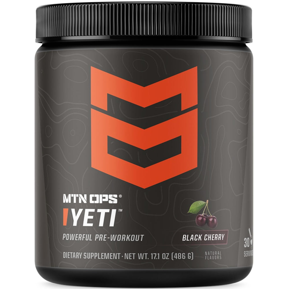 MTN OPS YETI pre-workout tub label highlighting energy-boosting benefits