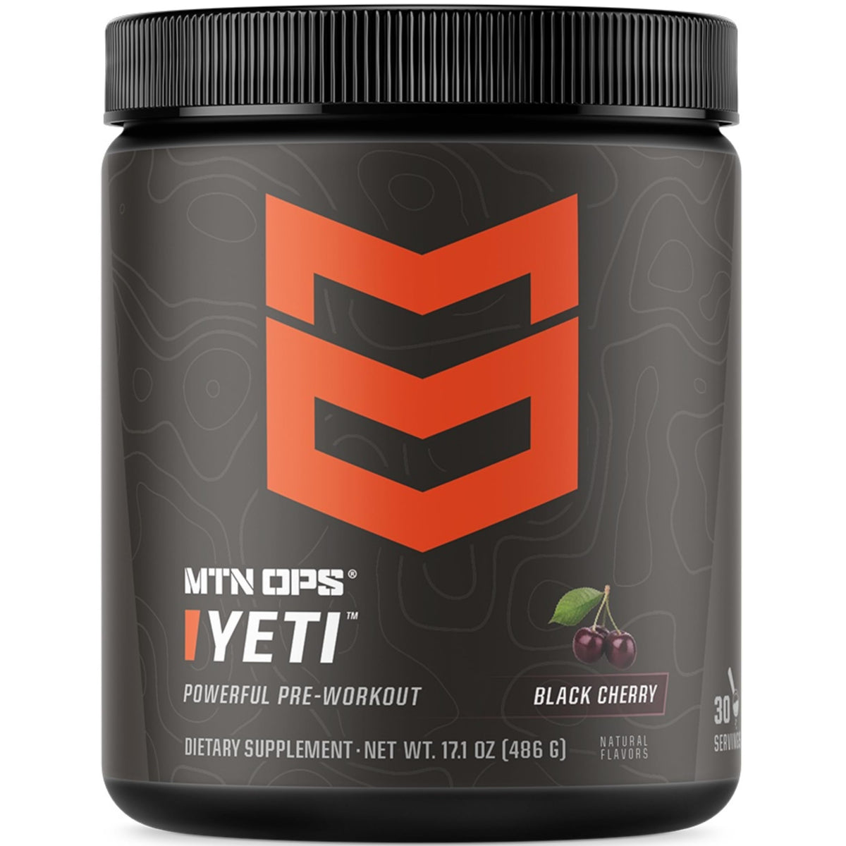 MTN OPS YETI pre-workout tub label highlighting energy-boosting benefits