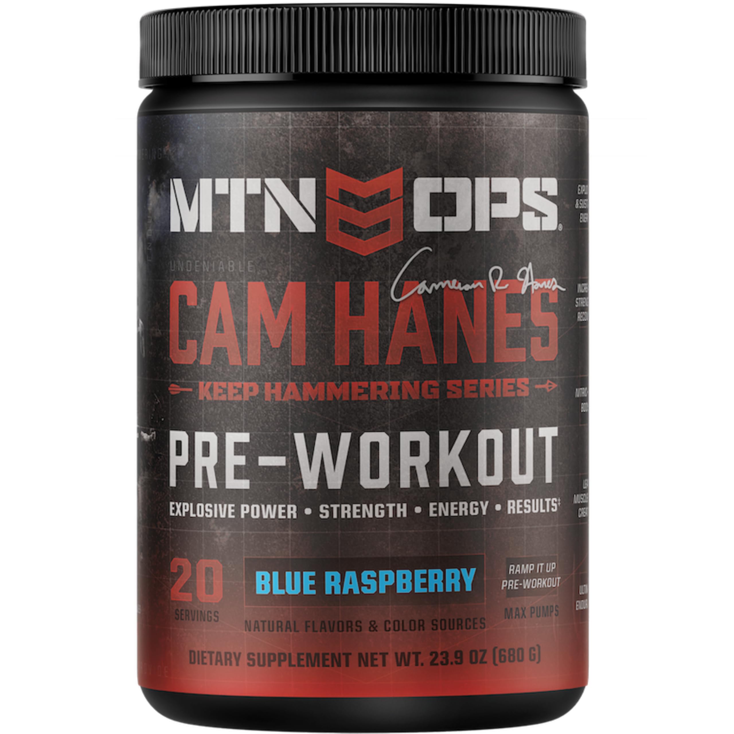 MTN OPS Yeti pre-workout tub with scoop showing precise serving for energy