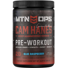 MTN OPS Yeti pre-workout tub with scoop showing precise serving for energy