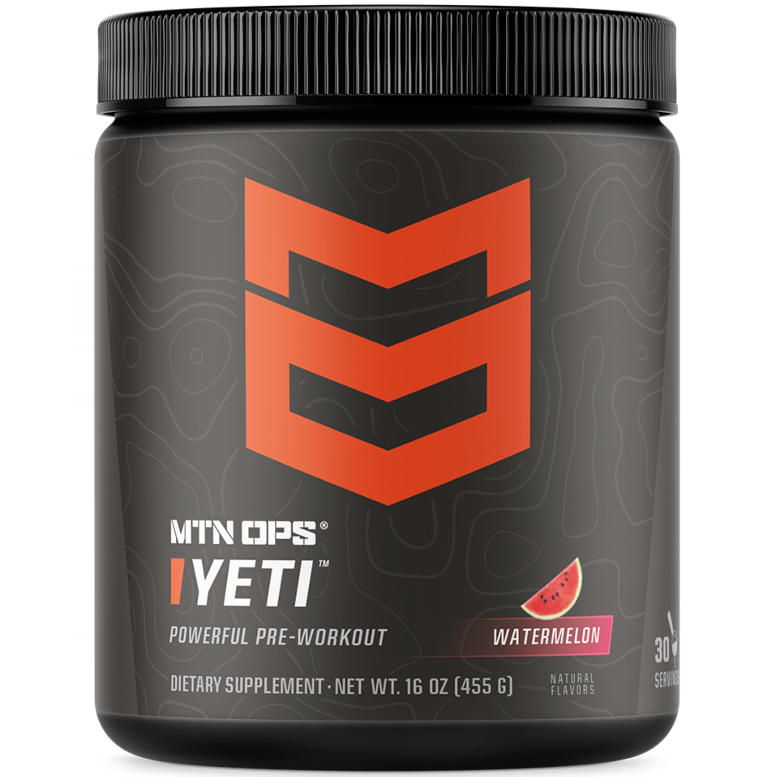 MTN OPS Yeti pre-workout watermelon tub ready for high-energy workouts