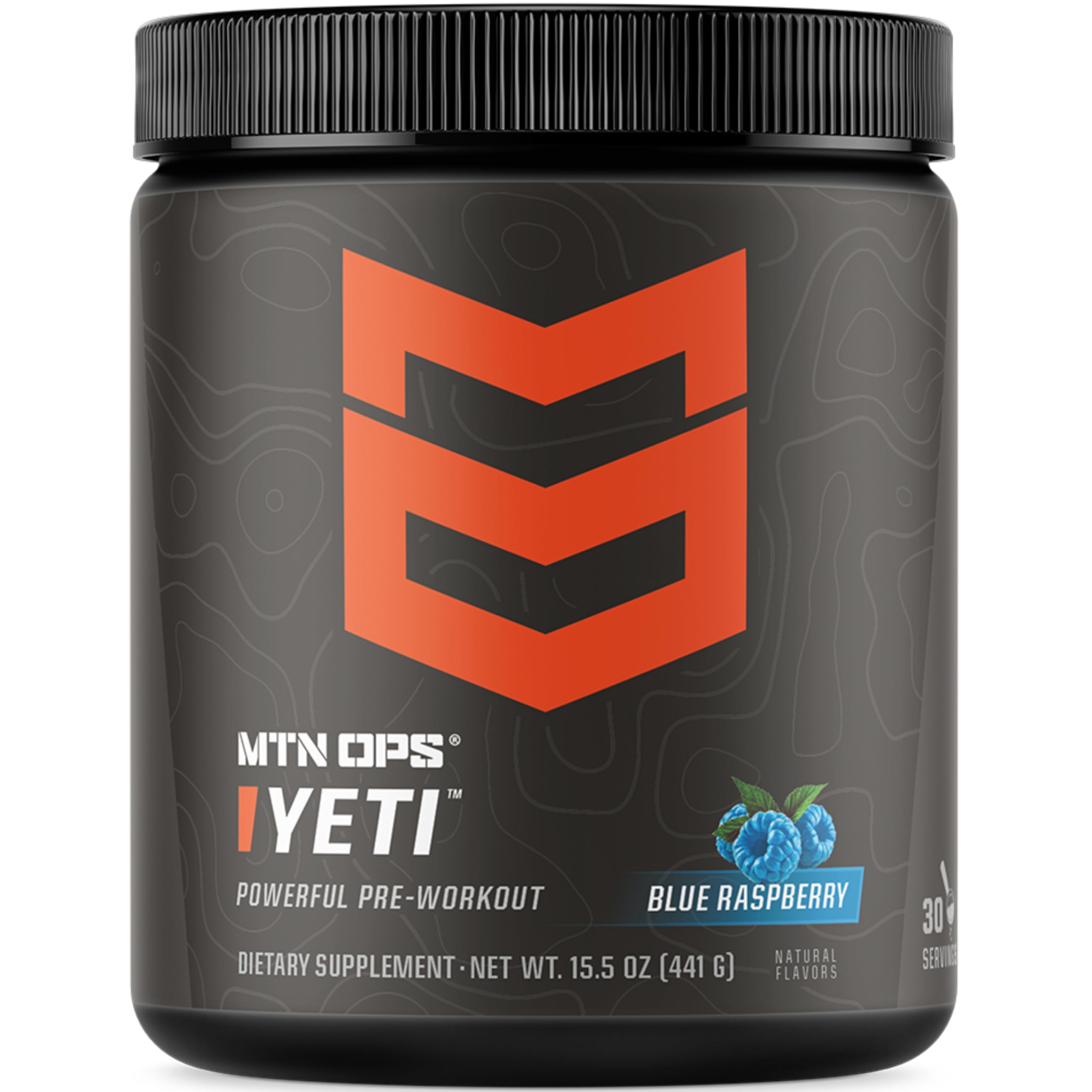 MTN OPS Yeti pre-workout blue raspberry tub closeup showing clean energy formula for workouts