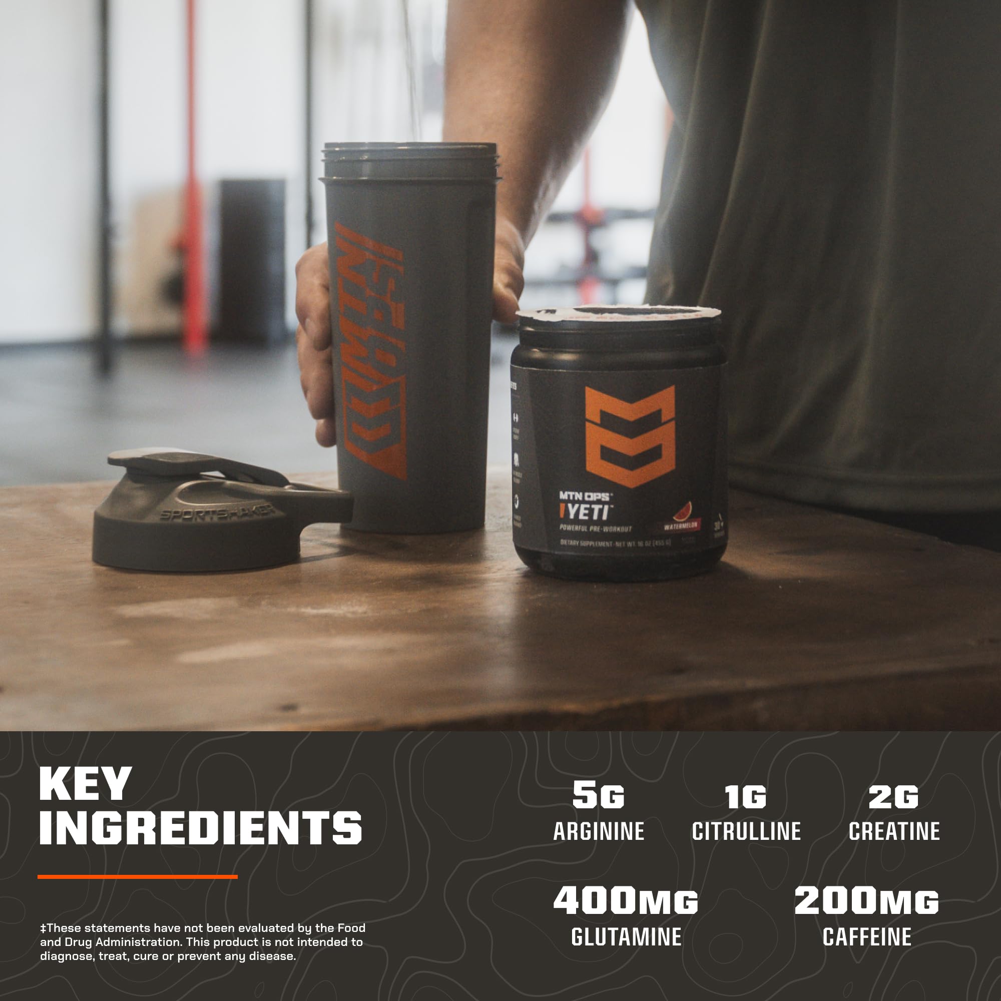 MTN OPS Yeti pre-workout ingredients list emphasizing creatine and BCAAs for recovery.