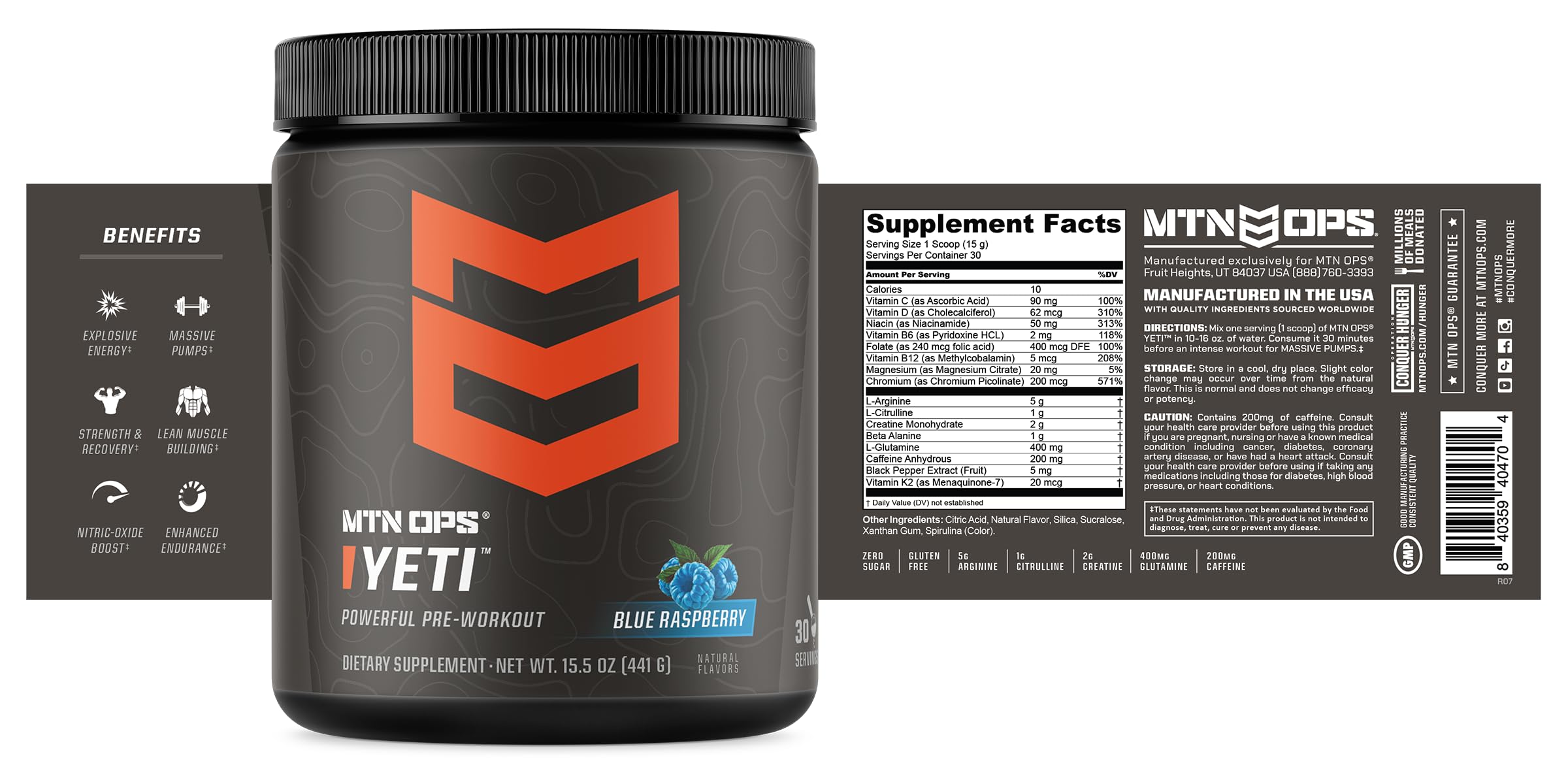 MTN OPS Yeti pre-workout display emphasizing clean, paleo-friendly formula