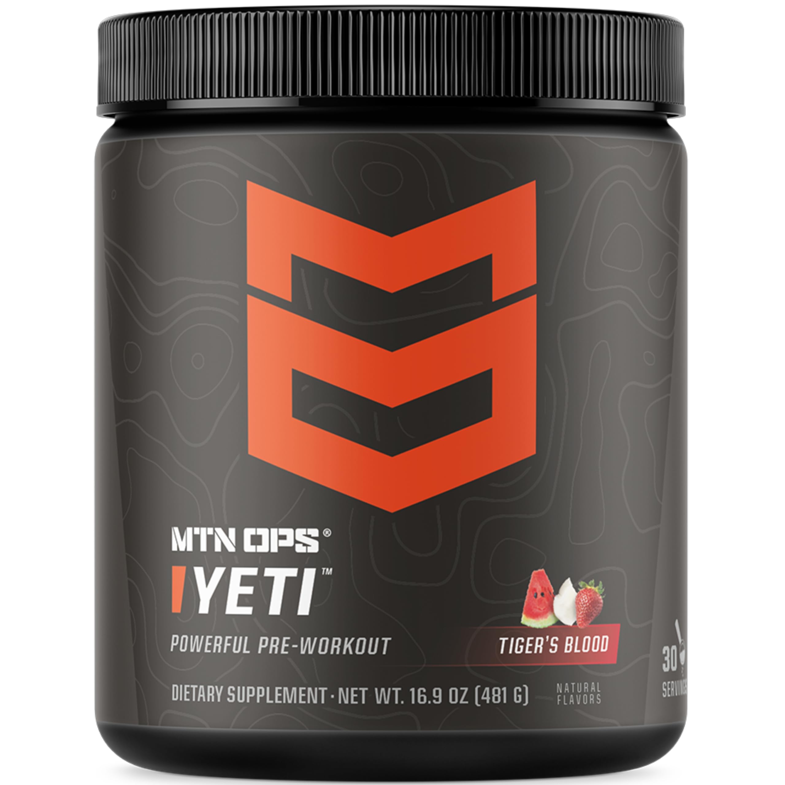 MTN OPS Yeti pre-workout bottle front with Tiger's Blood flavor for bold energy before training.