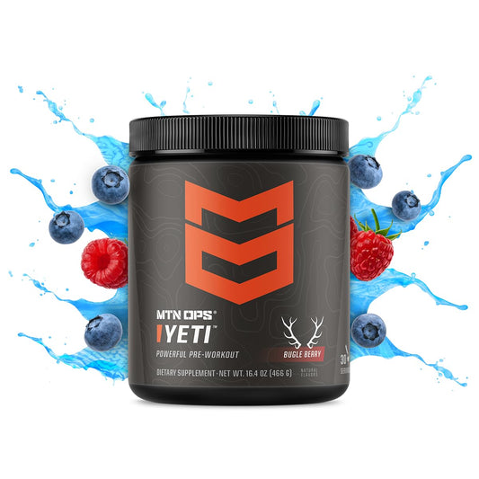 MTN OPS Yeti Pre-Workout label close-up shows sugar-free and gluten-free features.