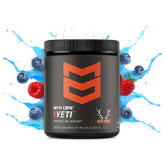 MTN OPS Yeti Pre-Workout label close-up shows sugar-free and gluten-free features.