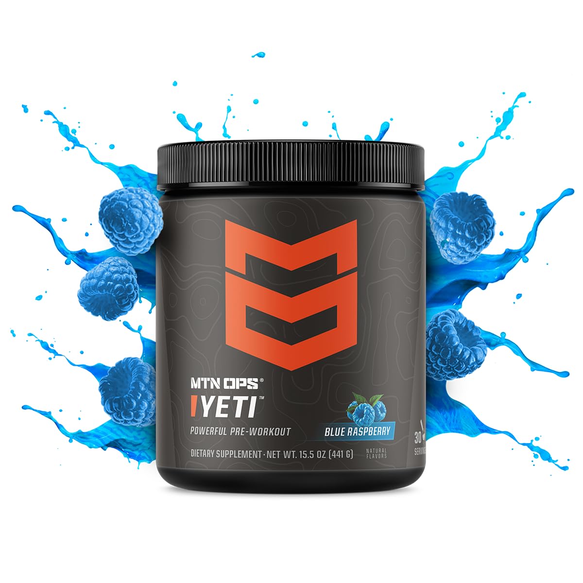 MTN OPS Yeti pre-workout tub label detail highlighting ingredients and zero sugar