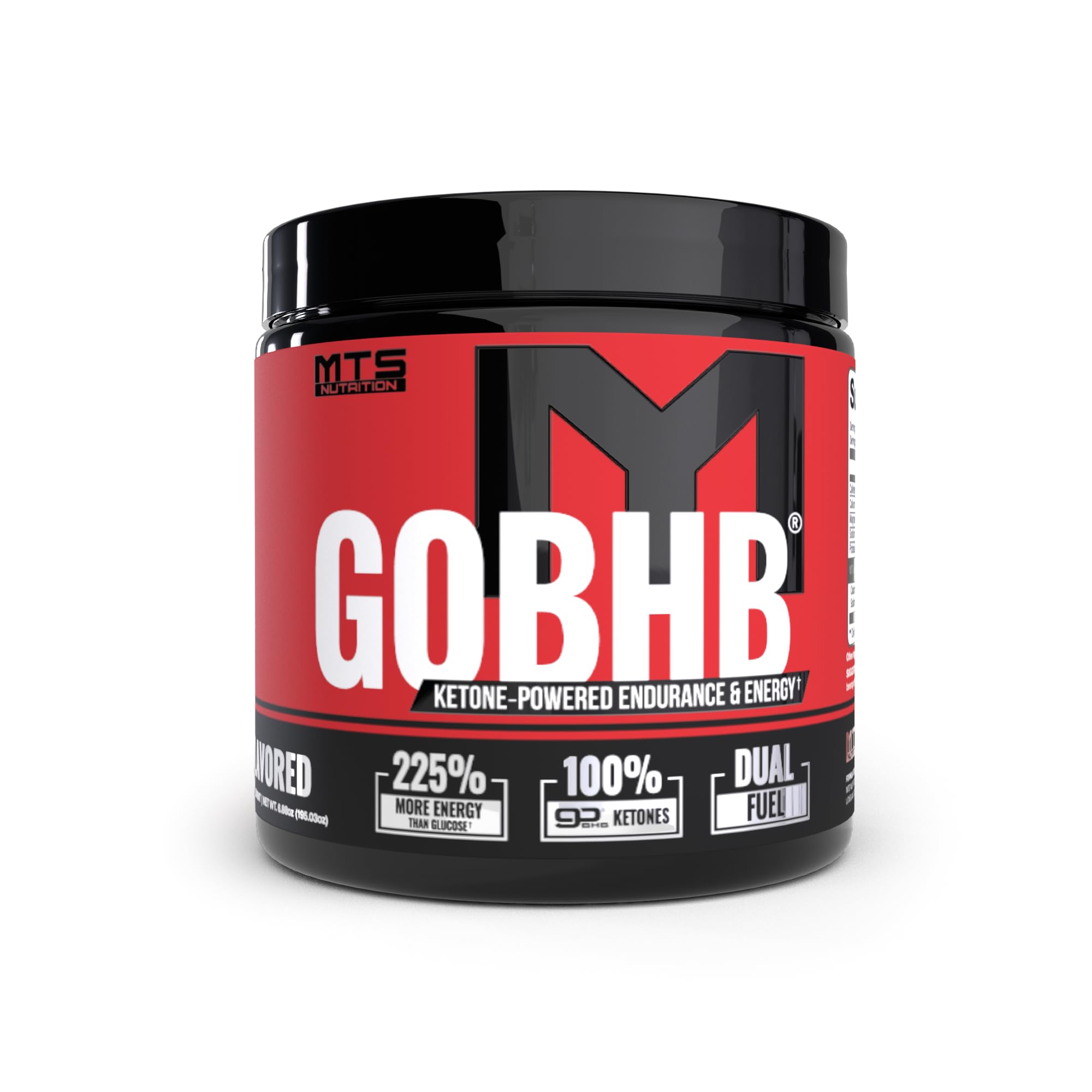 MTS Nutrition goBHB tub label emphasizing keto energy support.