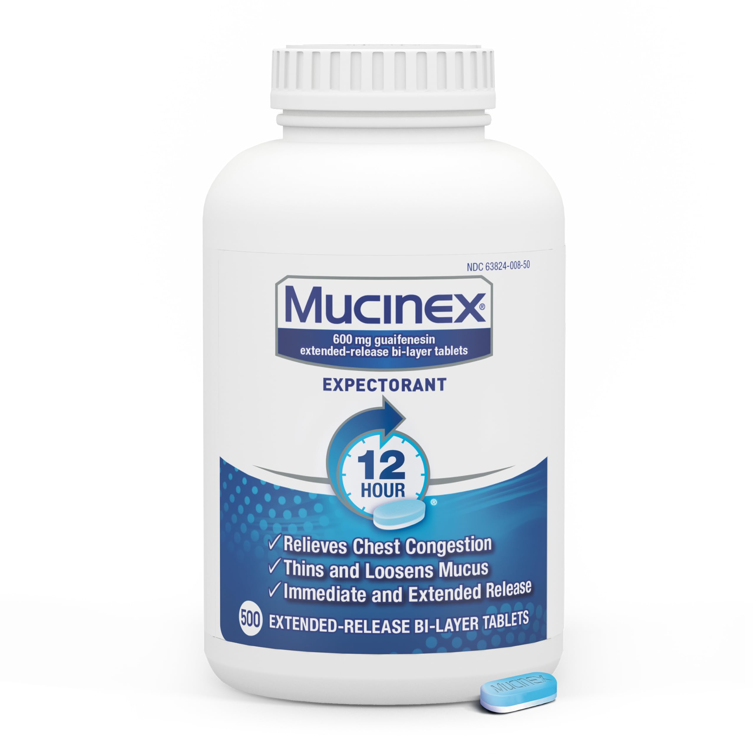 Mucinex 12-hour release bi-layer tablets shown for sustained chest congestion relief.