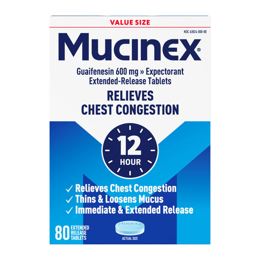 Mucinex 12 Hour bottle front highlighting 600 mg guaifenesin for long-lasting mucus relief.